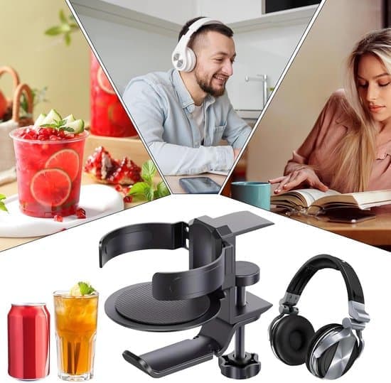 2-i-1 skrivebordsgadget - spildsikker kopholder og hovedtelefonkrog - under-skrivebordsklemme - tilbehør til hjemmegaming