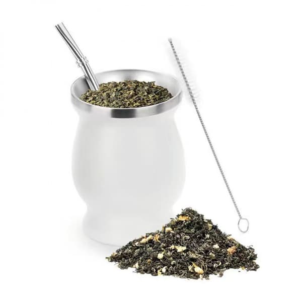 Moderne Yerba Mate Krus - Yerba Mate Startpakke - Rustfrit Stål - Dobbeltvægget - 3-Delt Sæt - Krus - Traditionel - Te - 230ml, hvid