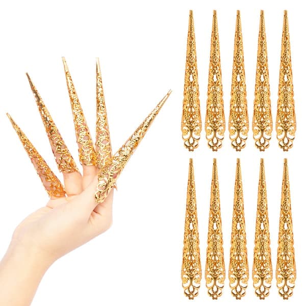 Nagelspetsar, kloformade ringar, knogskydd, Halloween cosplay, dans, guld.