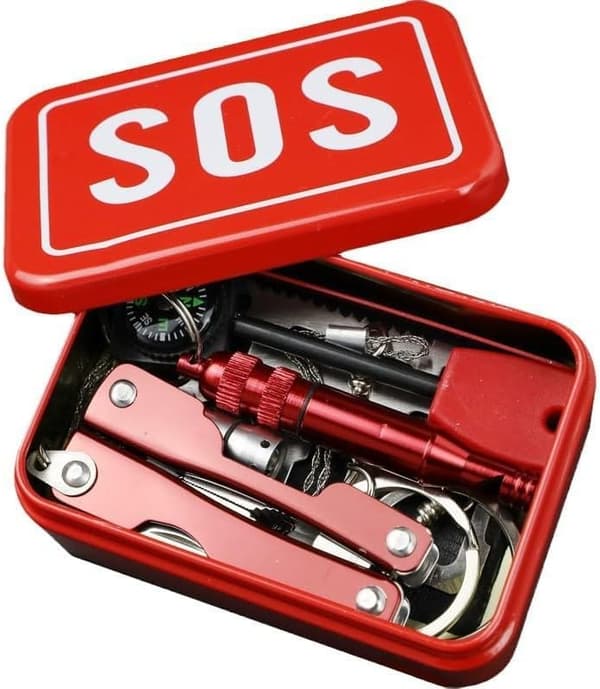 SOS-hätäselviytymispakkaus - monitoimipihdit, kompassi, pilli metallisessa säilytyslaatikossa (punainen)
