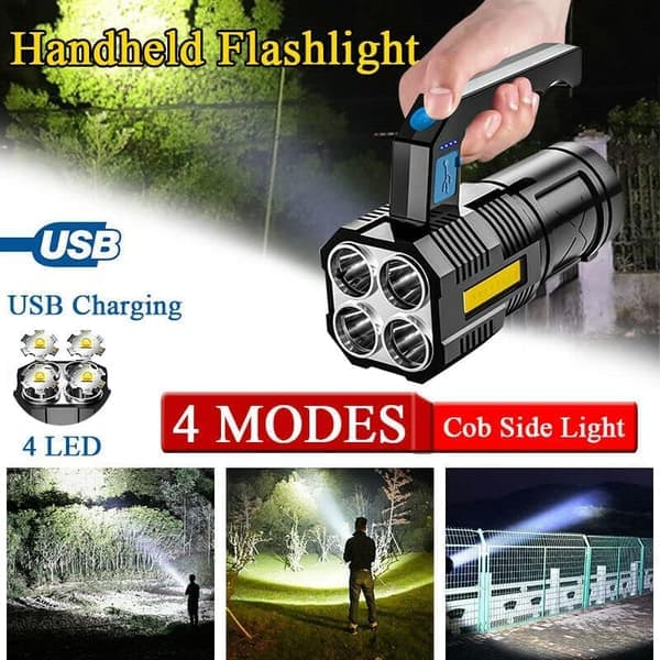 LED Flashlight USB Rechargeable, High Lumen Tactical Light with Side Light, 4X LED, Zoomable, Handheld Super Strongest Flashlights, Portable Torch