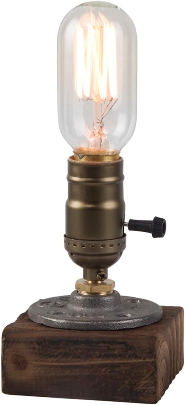 Industriell steampunk bordslampa, E27-lampor med träfot
