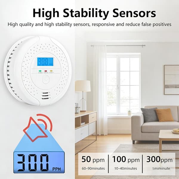 Smart kolmonoxiddetektor med LCD-display, batteridriven CO-larm, 85dB ljudvarning, LED-blixtljus