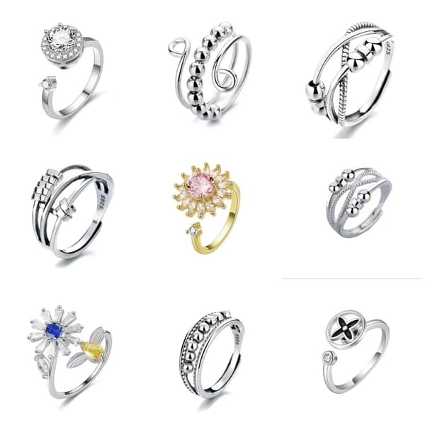 9 stk Fidget angstringer Justerbare ringer sett Justerbare ringer Fidget ringer Dame perlearmbånd, Stablebart sølv