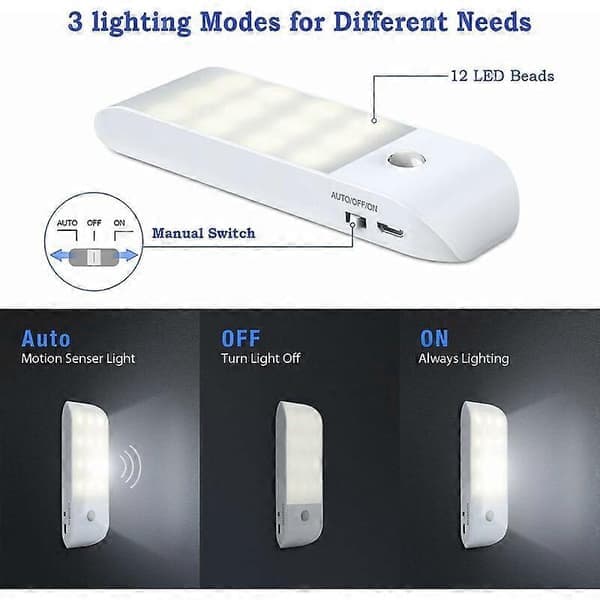 Auto LED [2-pack], 12 LED USB Rechargeable Wardrobe Night Light with Motion Sensor Magnetic Tape, 3 Modes (Auto/On/Off), 12*3.8*1.7cm