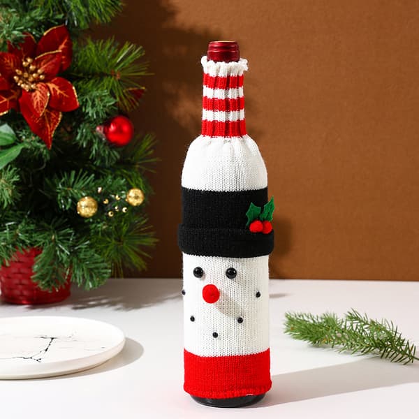 Julvinsflasköverdrag (3-pack) – Stickade tecknade tomtar och snögubbar – Festlig bordsdekoration