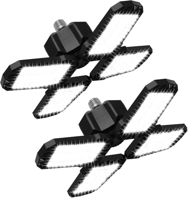 2-pack 150W LED Garage Lighting - 15000LM 6500K Workshop Lights with 4 Adjustable Panels, E26/E27 Base for Warehouse Basement