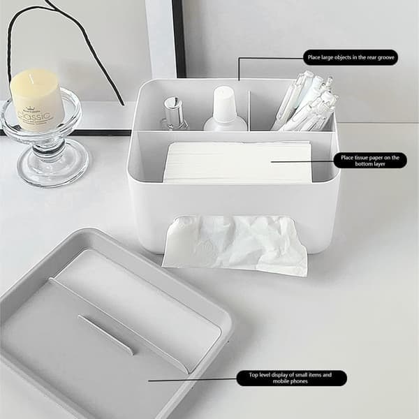 Tissue Box with Remote Control Organizer, Rectangular Tissue Case for Living Room, Bedroom, and Tabletop Storage (White and Gray)