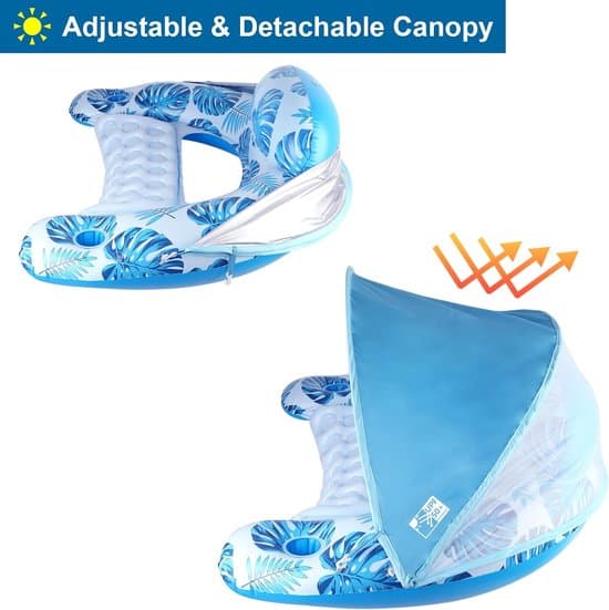 Pool Float med Kaleche og Kopholder – XL Poolstol – Lounge Float med Justerbar Solskærm – Oppustelig Pool Float til Voksne