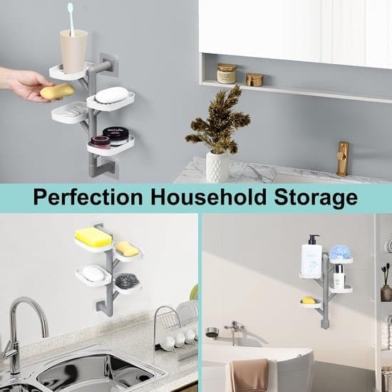 4-Tier Soap Shelf – Soap Holder – Soap Dish – Swiveling & Self-Draining – No-Drill Installation – Bathroom & Shower – Off-White