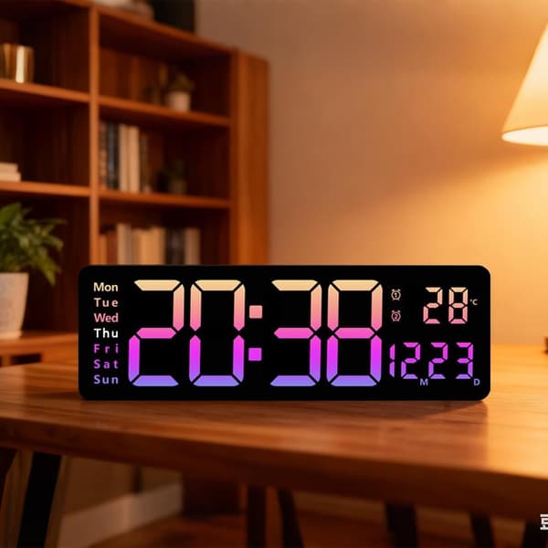 16-tums väggmonterad väckarklocka, digital klocka med timer och alarmfunktion, stor LED-display, RGB-färg.