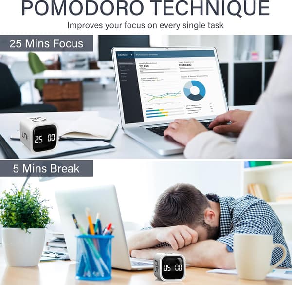 Roterende Pomodoro-timer med 5/10/25/50 min forhåndsinnstillinger, skrivebords-flip nedtellingstimer for arbeid og studier, ADHD-verktøy, vibrasjons- og volummoduser, hvit