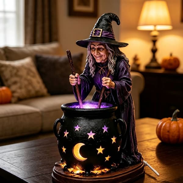 Heksegryte med glødende solcellelys til Halloween