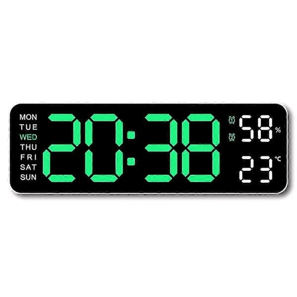 Stor digital väggklocka LED Temperatur Luftfuktighet 12/24H Grön