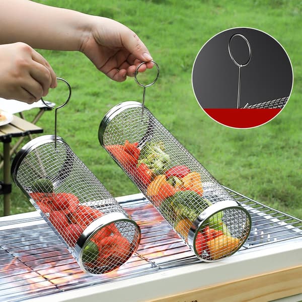 2 stk. Rullende Grillkurve - Bedste Grillkurv Nogensinde, Rund Grillnet i Rustfrit Stål