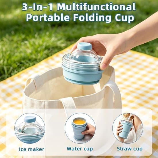 2-i-1 Ice Ball Cup - Foldable Silicone Ice Cube Mold - Portable Ice Bottle with Straw and Lid - Leak-Proof Ice Mold for Iced Coffee and Summer