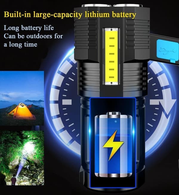 LED Flashlight USB Rechargeable, High Lumen Tactical Light with Side Light, 4X LED, Zoomable, Handheld Super Strongest Flashlights, Portable Torch