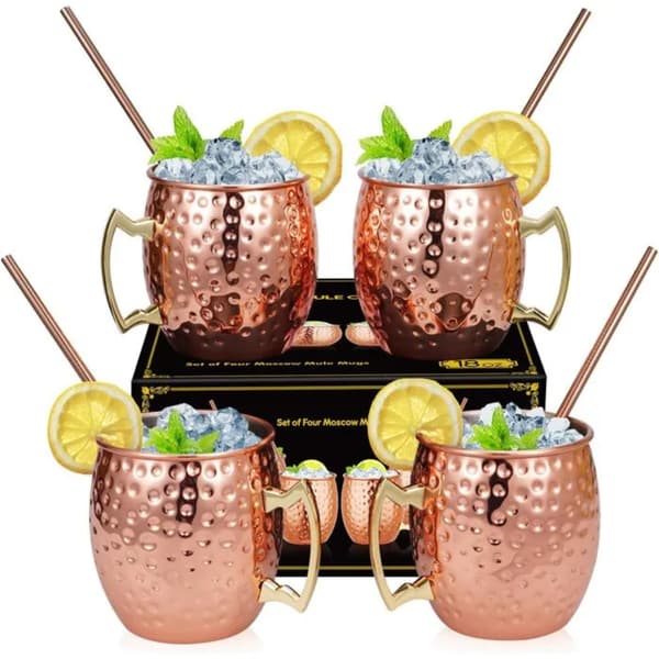 Mule Kobberkrus Sæt med 4, Kobberkopper med Sugerør, til Fest, Bar, Rustfrit Stålforing, 560 ml Sæt