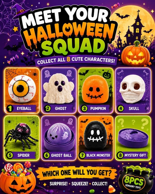 8-pack Halloween Mystery Squishy Set – Ögonbindel Malt Socker Långsamt Stigande Stressbollar, Sensoriska Ångestlindrande Leksaker, Partyfavoriter & Presenter