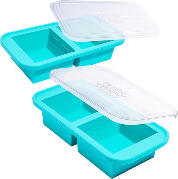 2-koppars silikonformar med lock – För att frysa lasagne, rester, soppor, såser, grytor, förberedda kuber, etc. – Akvamarin 2-pack