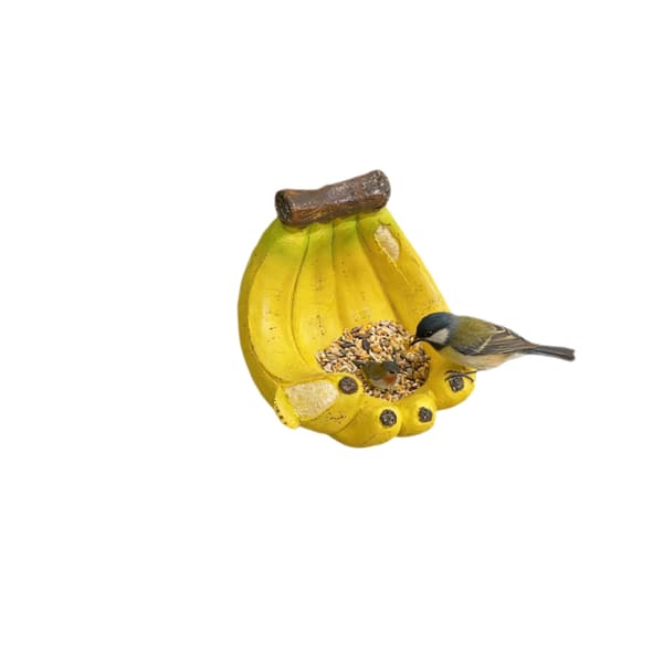 Bananformet hængende fuglefoderbræt, udendørs vildtfuglefoderbræt i harpiks, sødt dekorativt havefuglefoderbræt til have og terrasse
