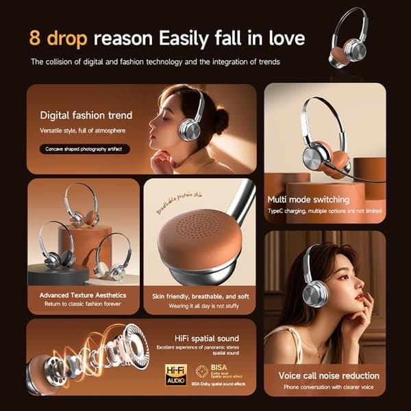 Retro Bluetooth 5.4 Over-Ear Hörlurar, 14 timmars speltid, ENC Brusreducering