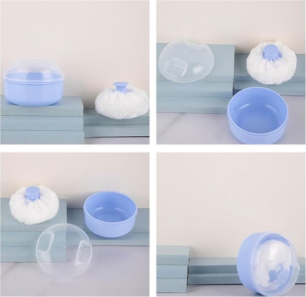 Empty Powder Box with Puff - Portable Refillable Body Powder Container - Blue Plastic Box with Ribbon Applicator - Travel and Home Use