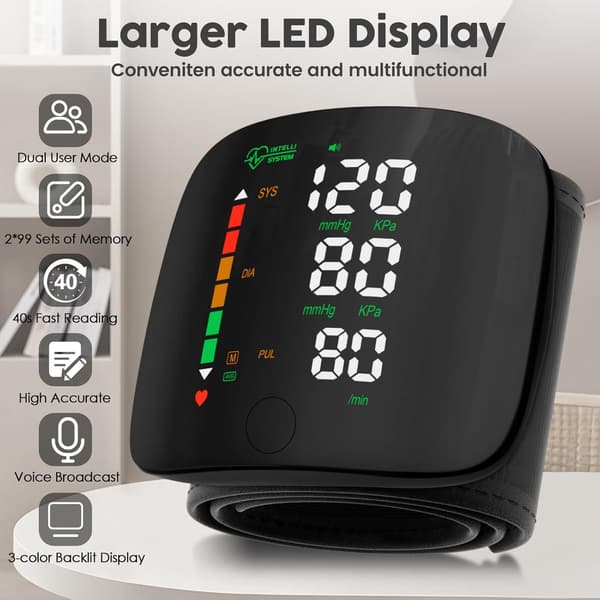 Handledsblodtrycksmätare LED-display, pekskärm handledsblodtrycksmanschett 99x2 minnesplatser handleds-BP-mätare med bärväska