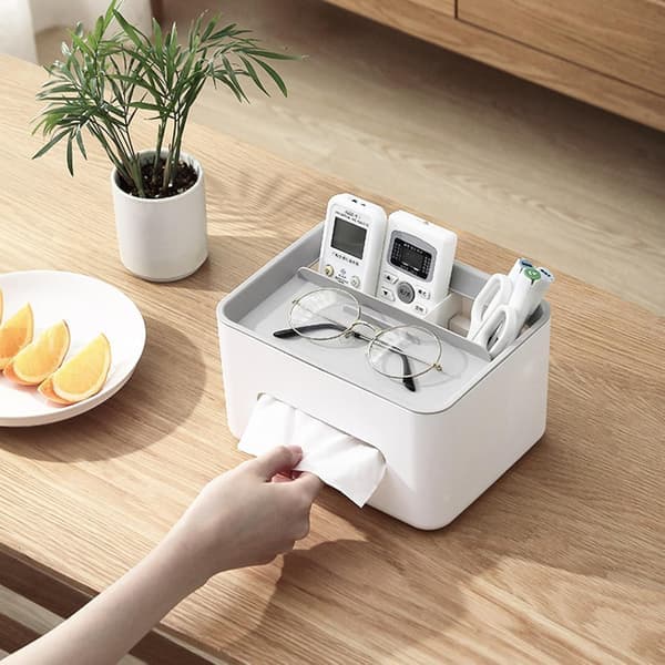 Tissue Box with Remote Control Organizer, Rectangular Tissue Case for Living Room, Bedroom, and Tabletop Storage (White and Gray)