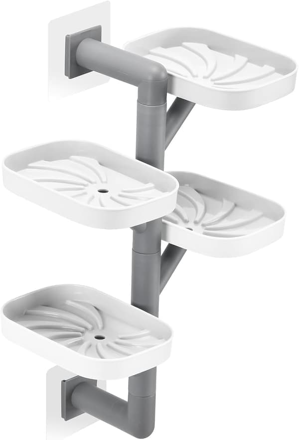 4-Tier Soap Shelf – Soap Holder – Soap Dish – Swiveling & Self-Draining – No-Drill Installation – Bathroom & Shower – Off-White