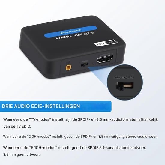 HDMI-ljudextraktor 2K/4K – Ljudsplitter – Inkluderar USB-kabel – Stöder Toslink (SPDIF) optisk ljudutgång + 3,5 mm ljud – Svart