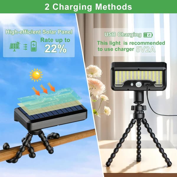 92 LED solcellelampe med bevegelsessensor, blekksprutstativ, USB/solcellelading, 3 moduser IP65 vanntett – 1 pakke