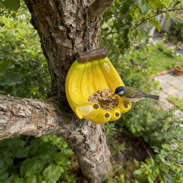 Bananformet hængende fuglefoderbræt, udendørs vildtfuglefoderbræt i harpiks, sødt dekorativt havefuglefoderbræt til have og terrasse