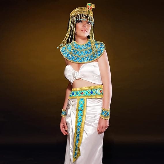 4-delt egyptisk kostymetilbehør for kvinner inkluderer en egyptisk prinsessehodeplagg, slangehodeplagg og armbånd.