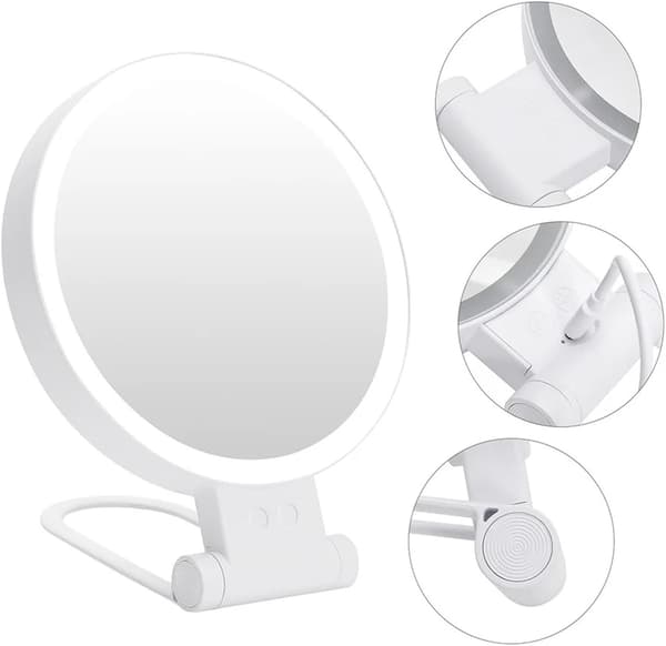 Bærbart genopladeligt makeupspejl med belysning 1X/10X forstørrelsesspejl foldbart dobbeltsidet desktop LED makeupspejl