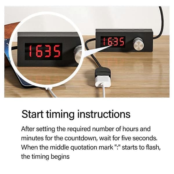 USB-strömbrytare med timer och kopplingskabel för hemelektronik, enkel att installera.