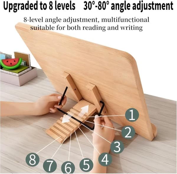 Læsestativ i træ – En foldbar bogreol med flere vinkler og sideklemmer, velegnet til opbevaring af opskrifter, iPads, laptops, noder osv.