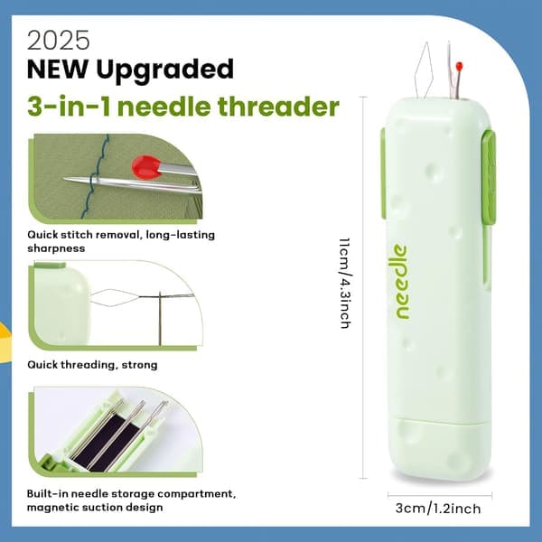 Newly Upgraded 3-in-1 Automatic Needle Threader Seam Ripper with Magnetic Storage Needle Box, Needle Threader Quick Sewing Kit (Green)