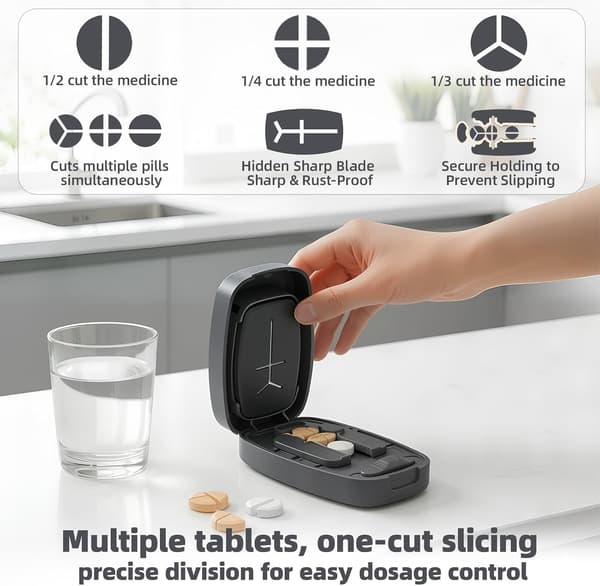 Justerbar pillekutter, 1/2 1/3 1/4 tablettdeler med doble sikkerhetsklemmer – for små og store piller og vitaminer, svart