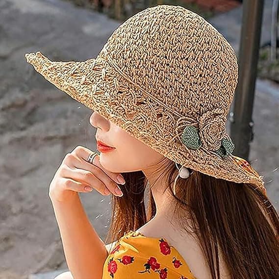 Elegant hæklet stråhat med flæsedetaljer, stråhatte til kvinder til sommerstrand, bredskygget solbeskyttelseshat