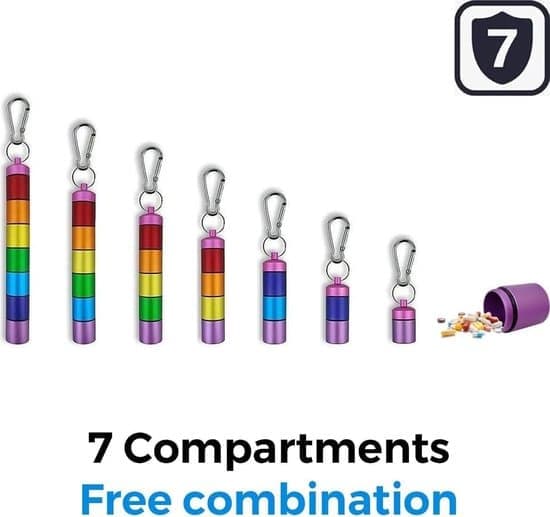 7-Day Pill Box, Small Aluminum Pill Box with 7 Compartments, Waterproof, Including Keychain (Colorful).