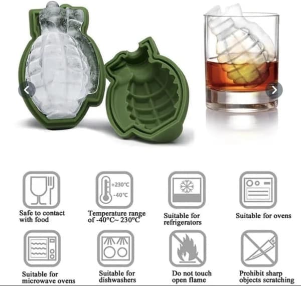 3-pack 3D Granat Isbitsform, Grön Silikon Handgranatformad Isbollsbricka för Whisky, Nyhet Ismaskin Present för Män och Mi
