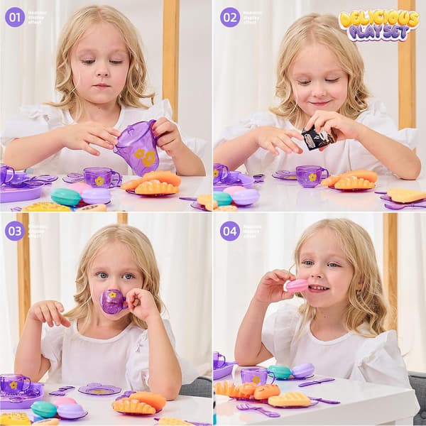 Teservis för små flickor, låtsasdessertset för barn (lila)