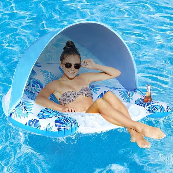 Pool Float med Kaleche og Kopholder – XL Poolstol – Lounge Float med Justerbar Solskærm – Oppustelig Pool Float til Voksne