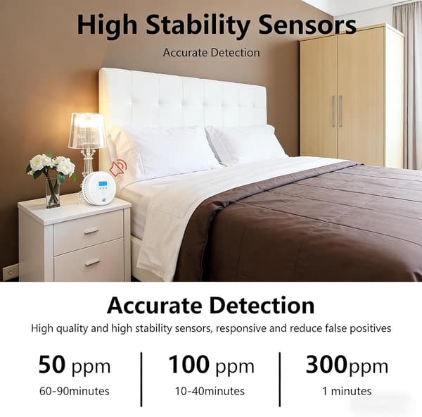 Smart kolmonoxiddetektor med LCD-display, batteridriven CO-larm, 85dB ljudvarning, LED-blixtljus