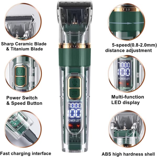 Hundtrimmer, hundtrimmer-set med LED-display, tystgående kraftig pälstrimmer för husdjur (grön)