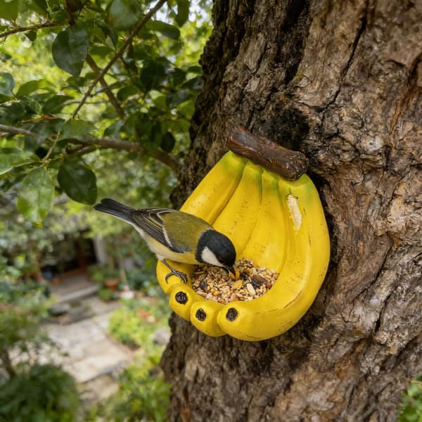 Bananformet hængende fuglefoderbræt, udendørs vildtfuglefoderbræt i harpiks, sødt dekorativt havefuglefoderbræt til have og terrasse
