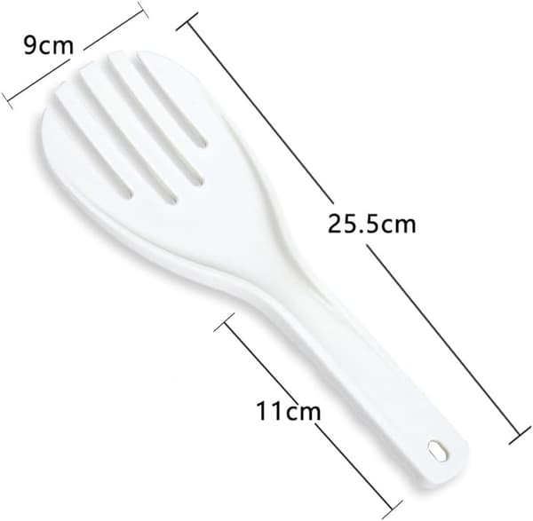 3 st 10 tums rispaddlar i plast med tänder, non-stick serveringssked, spatel, skopa för ris, sallad, potatis, matserveringssked, vit
