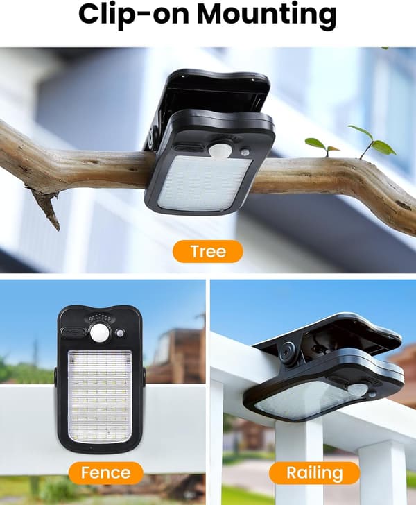 2-pak solcellehegnslamper, 60 LED 500LM bevægelsessensor, 3 tilstande, USB genopladelig, vandtæt klemmelampe til terrassehave – sort