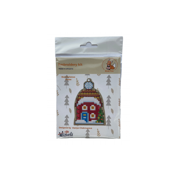 Träbroderi Kind Fox "Rött julhus" 5х7cm